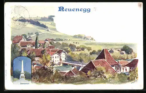 Künstler-AK Neuenegg, Ortspartie mit Brücke, Denkmal