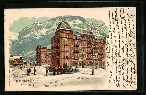 Lithographie Grindelwald, Wintersport vor dem Hotel Baer