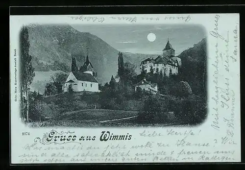 Mondschein-AK Wimmis, Blick auf Kirche und Burg