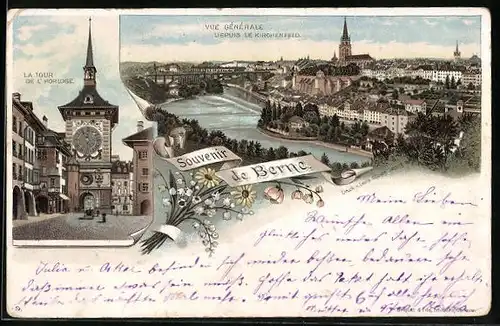 Lithographie Berne, Vue Générale depuis le Kirchenfeld, La Tour de l`Horloge