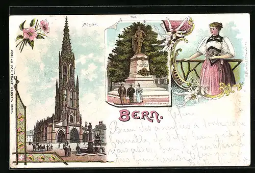 Lithographie Bern, Münster, Bubenbergdenkmal, Frau mit Blumen