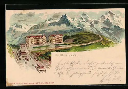 Lithographie Kl. Scheidegg, Blick auf Kurhaus, Hotel, Bahnstation und Gebirgspanorama