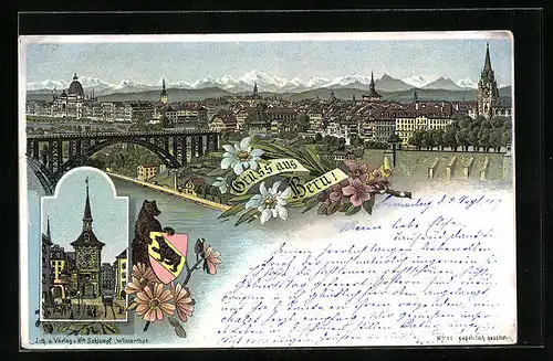 Lithographie Bern, Teilansicht mit Brücke, Tor