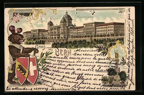 Lithographie Bern, Bundespalast, Berna-Brunnen, Berner Bär mit Wappen