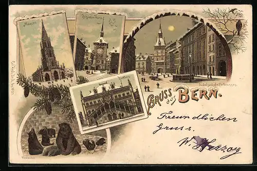 Lithographie Bern, Münster, Zeitglockenturm, Bärengraben