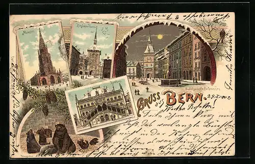 Lithographie Bern, Münster, Zeitglockenturm, Bärengraben