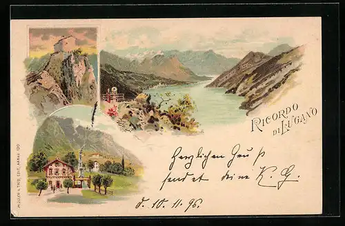 Lithographie Lugano, Gasthof, Gebirgssee, Schloss an einer Klippe