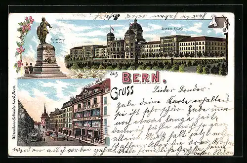 Lithographie Bern, Bundespalast, Bubenbergdenkmal, Warenhaus Gebrüder Loeb