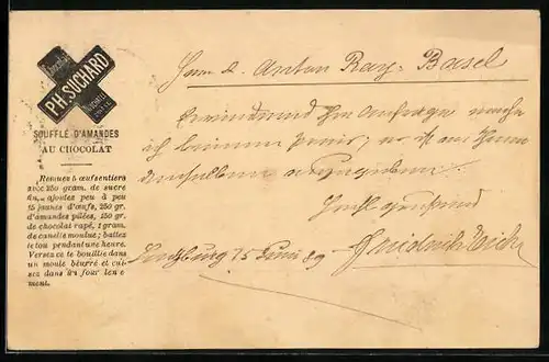Vorläufer-Lithographie Neuchâtel, 1889, Soufflé d`Amandes au Chocolat, Reklame für Kakao Suchard