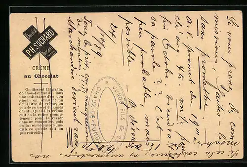 Vorläufer-Lithographie Neuchâtel, 1889, Crême au Chocolat, Reklame für Kakao Suchard