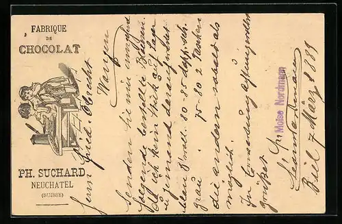 Vorläufer-Lithographie Neuchâtel, 1889, Fabrique de Chocolat, Kinderpaar mit Tasse, Reklame für Kakao Suchard