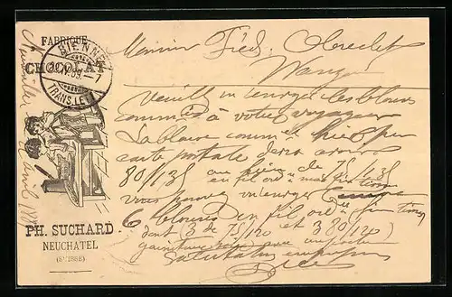 Vorläufer-Lithographie Neuchâtel, 1889, Fabrique de Chocolat, Kinderpaar mit Tasse, Reklame für Kakao Suchard