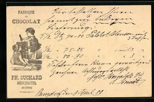 Vorläufer-Lithographie Neuchâtel, 1889, Fabrique de Chocolat, Reklame für Kakao Suchard
