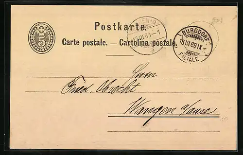 Vorläufer-Lithographie Neuchâtel, 1889, Soufflé d`Amandes au Chocolat, Reklame für Kakao Suchard