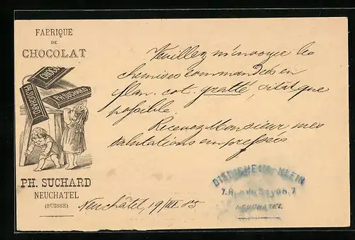 Vorläufer-Lithographie Neuchâtel, 1886, Fabrique de Chocolat, Kinderpaar mit Schokolade, Reklame für Kakao Suchard