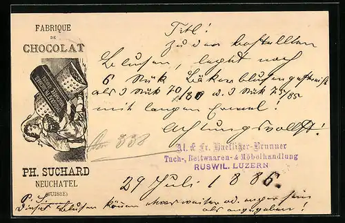 Vorläufer-Lithographie Neuchâtel, 1886, Fabrique de Chocolat, Kinderpaar mit Reibe, Reklame für Kakao Suchard