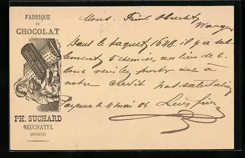 Vorläufer-Lithographie Neuchâtel, 1886, Fabrique de Chocolat, Kinderpaar mit Reibe, Reklame für Kakao Suchard