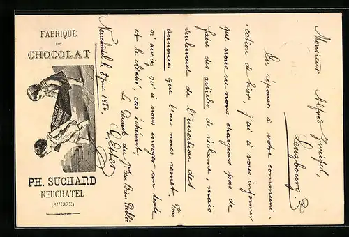 Vorläufer-Lithographie Neuchâtel, 1886, Fabrique de Chocolat, Kinderpaar mit Schokolade, Reklame für Kakao Suchard
