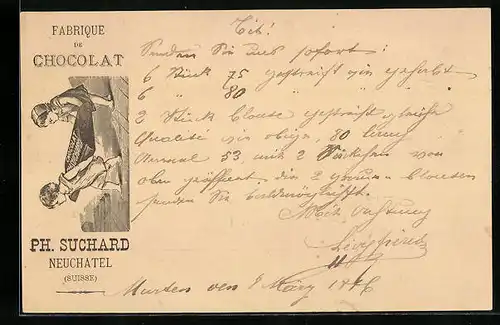 Vorläufer-Lithographie Neuchâtel, 1886, Fabrique de Chocolat, Kinderpaar mit Schokolade, Reklame für Kakao Suchard