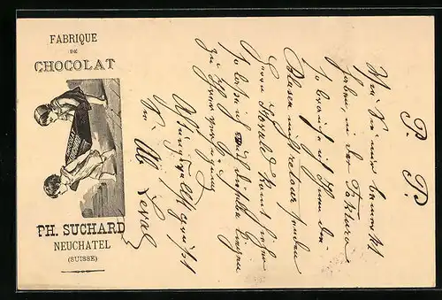 Vorläufer-Lithographie Neuchâtel, 1886, Fabrique de Chocolat, Kinderpaar mit Schokolade, Reklame für Kakao Suchard