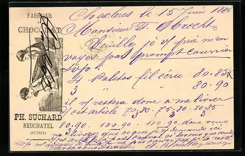 Vorläufer-Lithographie Neuchâtel, 1886, Fabrique de Chocolat, Kinderpaar mit Schokolade, Reklame für Kakao Suchard