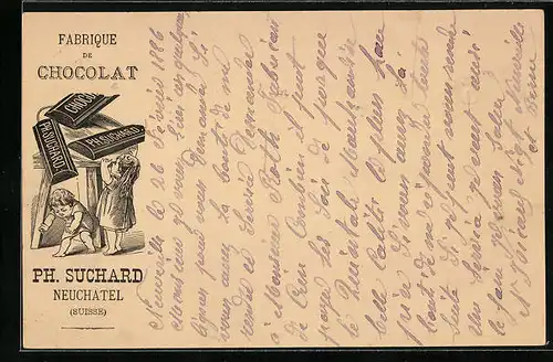 Vorläufer-Lithographie Neuchâtel, 1886, Fabrique de Chocolat, Kinderpaar mit Schokolade, Reklame für Kakao Suchard