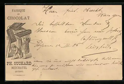 Vorläufer-AK Neuchâtel, 1883, Fabrique de Chocolat, Kinderpaar mit Schokolade, Reklame für Kakao Suchard