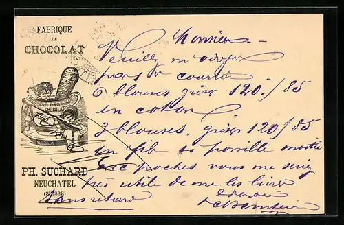 Vorläufer-Lithographie Neuchâtel, 1885, Fabrique de Chocolat, Kinderpaar mit Tasse, Reklame für Kakao Suchard