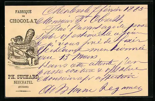 Vorläufer-Lithographie Neuchâtel, 1885, Fabrique de Chocolat, Kinderpaar mit Tasse, Reklame für Kakao Suchard