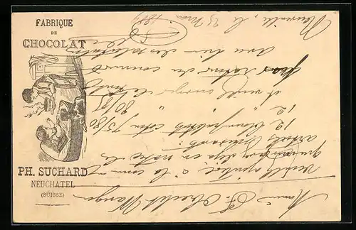 Vorläufer-Lithographie Neuchâtel, 1889, Fabrique de Chocolat, Kinderpaar mit Tasse, Reklame für Kakao Suchard