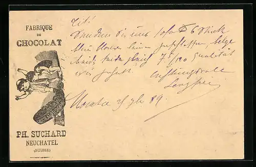 Vorläufer-Lithographie Neuchâtel, 1889, Fabrique de Chocolat, Kinderpaar mit Keksen, Reklame für Kakao Suchard