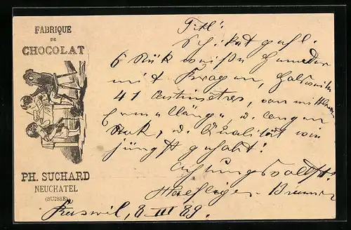 Vorläufer-Lithographie Neuchâtel, 1889, Fabrique de Chocolat, Kinderpaar mit Tasse, Reklame für Kakao Suchard