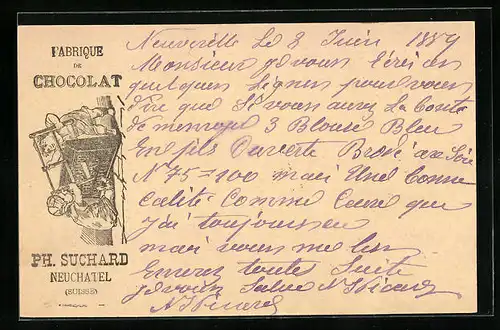 Vorläufer-Lithographie Neuchâtel, 1889, Fabrique de Chocolat, Kinderpaar mit Säge, Reklame für Kakao Suchard