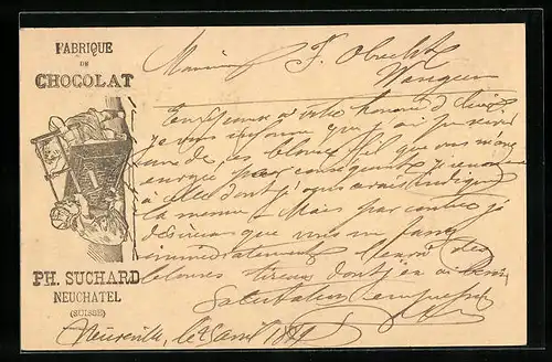 Vorläufer-Lithographie Neuchâtel, 1889, Fabrique de Chocolat, Kinderpaar mit Säge, Reklame für Kakao Suchard