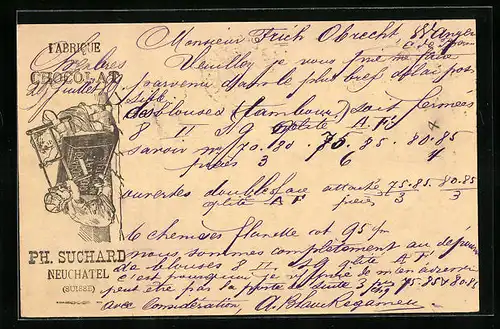 Vorläufer-Lithographie Neuchâtel, 1889, Fabrique de Chocolat, Kinderpaar mit Säge, Reklame für Kakao Suchard