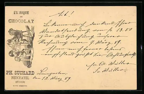Vorläufer-Lithographie Neuchâtel, 1889, Fabrique de Chocolat, Kinderpaar mit Tasse, Reklame für Kakao Suchard
