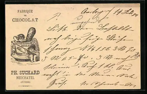 Vorläufer-Lithographie Neuchâtel, 1889, Fabrique de Chocolat, Kinderpaar mit Tasse, Reklame für Kakao Suchard