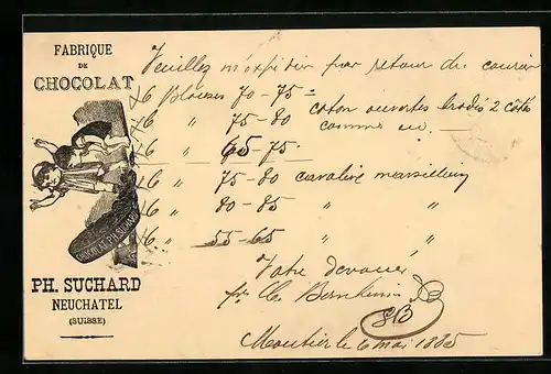 Vorläufer-Lithographie Neuchâtel, 1885, Fabrique de Chocolat, Kinderpaar mit Keksen, Reklame für Kakao Suchard
