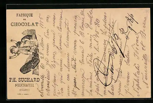 Vorläufer-Lithographie Neuchâtel, 1885, Fabrique de Chocolat, Kinderpaar mit Keksen, Reklame für Kakao Suchard