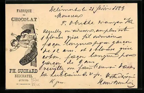 Vorläufer-Lithographie Neuchâtel, 1889, Fabrique de Chocolat, Kinderpaar mit Keksen, Reklame für Kakao Suchard