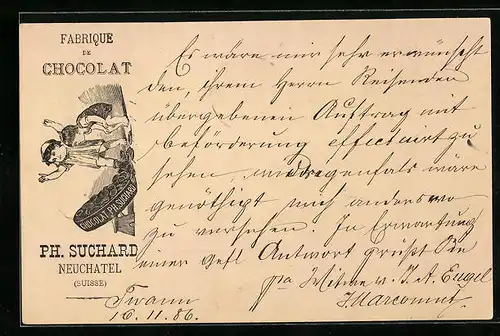 Vorläufer-Lithographie Neuchâtel, 1886, Fabrique de Chocolat, Kinderpaar mit Keksen, Reklame für Kakao Suchard