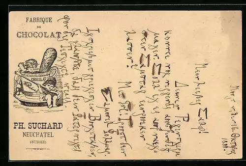 Vorläufer-Lithographie Neuchâtel, 1888, Fabrique de Chocolat, Kinderpaar mit Tasse, Reklame für Kakao Suchard