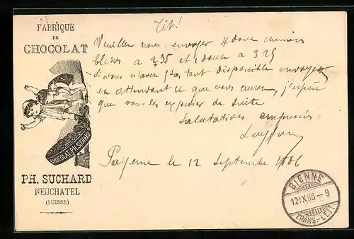 Vorläufer-Lithographie Neuchâtel, 1886, Fabrique de Chocolat, Kinderpaar mit Keksen, Reklame für Kakao Suchard