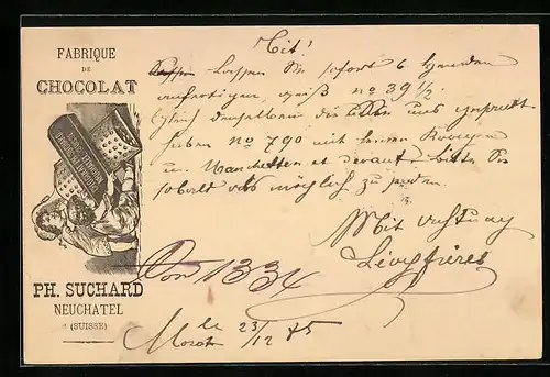 Vorläufer-Lithographie Neuchâtel, 1885, Fabrique de Chocolat, Kinderpaar mit Reibe, Reklame für Kakao Suchard