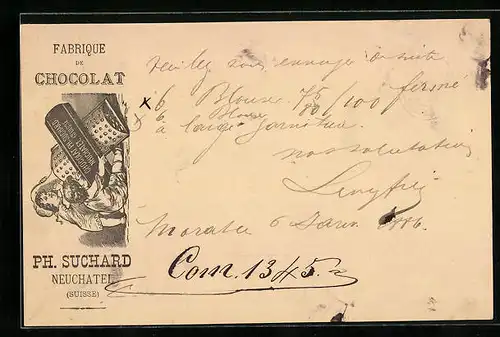 Vorläufer-Lithographie Neuchâtel, 1886, Fabrique de Chocolat, Kinderpaar mit Reibe, Reklame für Kakao Suchard