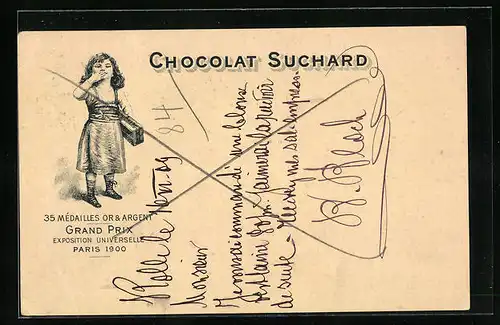 AK Paris, Exposition Universelle 1900, Reklame für Chocolat Suchard, Mädchen mit Schokolade, Ganzsache