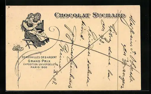 AK Mutter und Tochter mit Schokolade, Reklame für Chocolat Suchard, Ganzsache