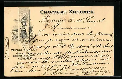 AK Mädchen nascht Schokolade, Reklame für Chocolat Suchard