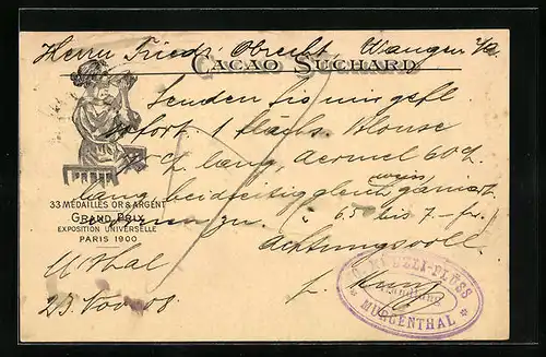 AK Hübsche Frau trinkt Kakao, Reklame für Chocolat Suchard, Ganzsache