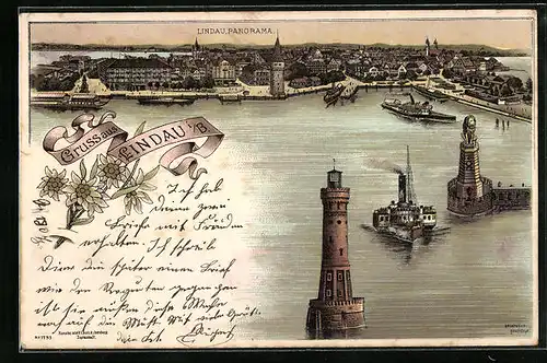 Lithographie Lindau i. B., Panorama mit Hafeneinfahrt